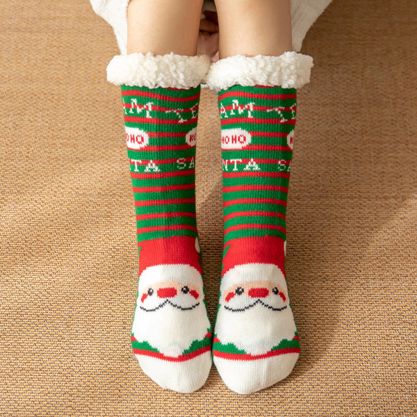 Christmas Socks Plush Coral Fleece Winter Home Floor Socks Green Striped Slipper Socks - Santa Claus