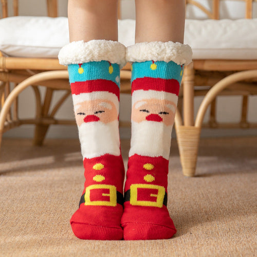 Christmas Socks Plush Coral Fleece Winter Home Floor Socks Red Slipper Socks - Belt Santa Claus