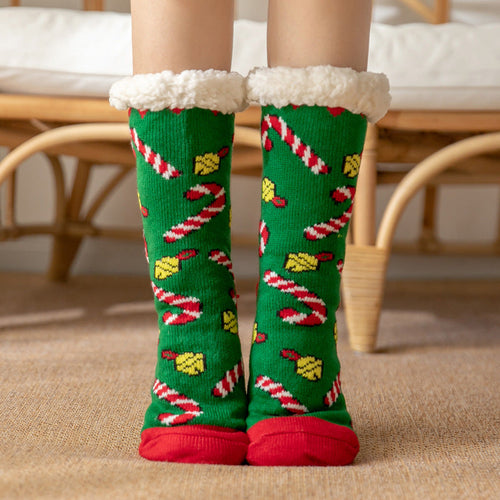 Christmas Socks Plush Coral Fleece Winter Home Floor Socks Green Slipper Socks - Bell