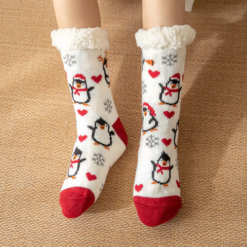 Christmas Socks Plush Coral Fleece Winter Home Floor Socks White Slipper Socks - Penguin