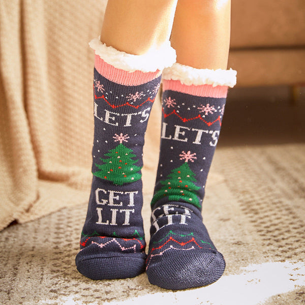 Christmas Socks Plush Coral Fleece Winter Home Floor Socks Blue Slipper Socks - Christmas Tree