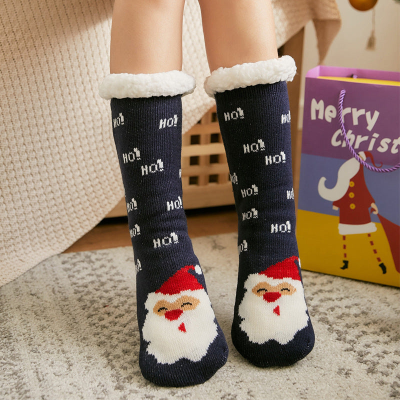 Christmas Socks Plush Coral Fleece Winter Home Floor Socks Navy Blue Slipper Socks - Santa Claus