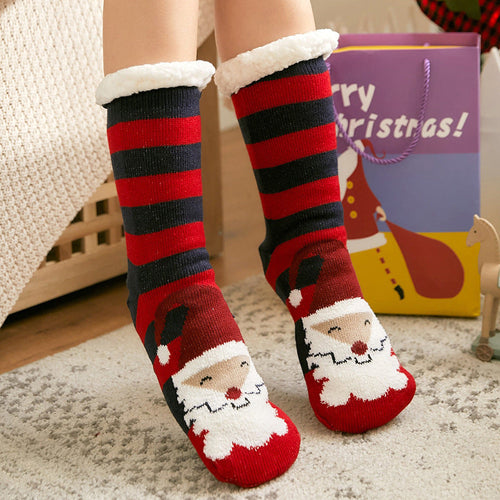 Christmas Socks Plush Coral Fleece Winter Home Floor Socks Red Stripes Slipper Socks - Santa Claus in Hat