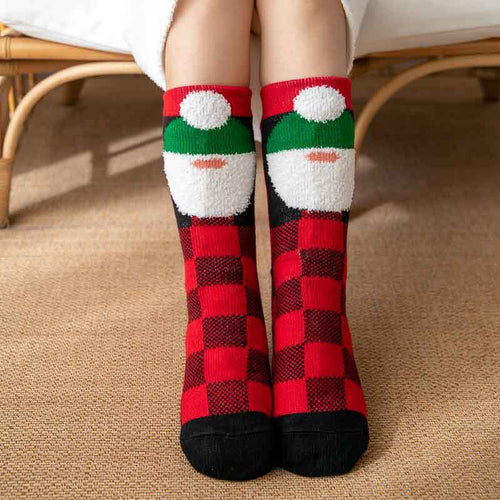 Christmas Socks Plush Coral Fleece Winter Home Floor Socks Red Plaid Slipper Socks - Santa Claus
