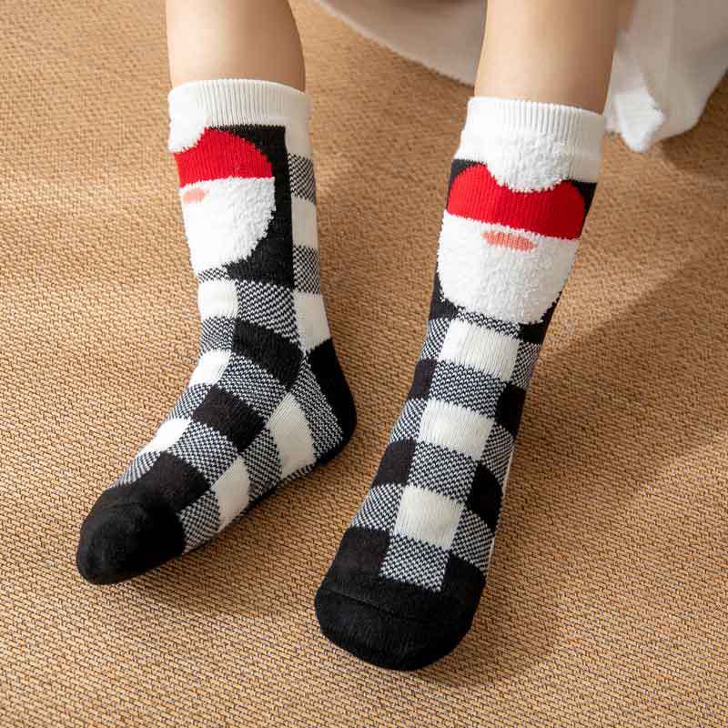 Christmas Socks Plush Coral Fleece Winter Home Floor Socks Black Plaid Slipper Socks - Santa Claus