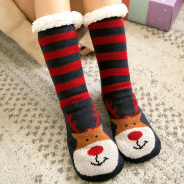 Christmas Socks Plush Coral Fleece Winter Home Floor Socks Red and Blue Slipper Socks - Elk