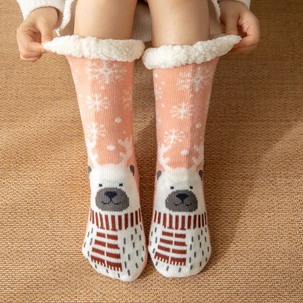 Christmas Socks Plush Coral Fleece Winter Home Floor Socks Light Pink Slipper Socks - Snow Bear