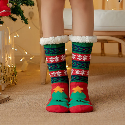 Christmas Socks Plush Coral Fleece Winter Home Floor Socks Green Slipper Socks - Christmas Tree