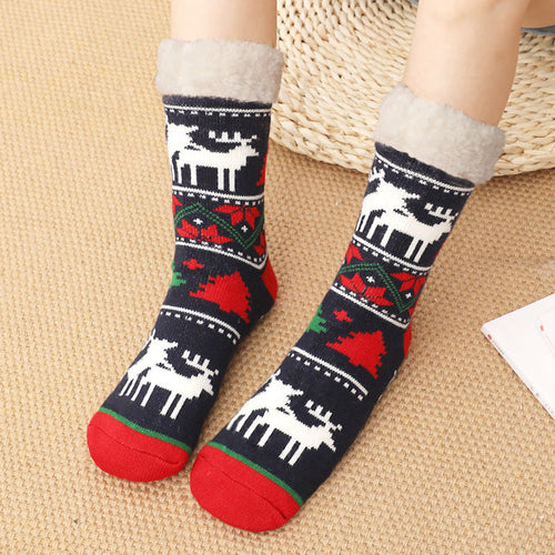 Christmas Socks Plush Coral Fleece Winter Home Floor Socks Black and Red Slipper Socks - Little Deer