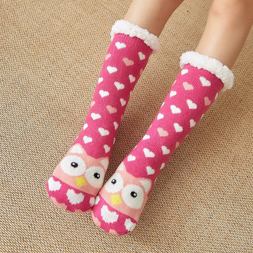 Christmas Socks Plush Coral Fleece Winter Home Floor Socks Rose Red Slipper Socks - Owl