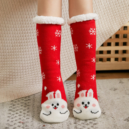 Christmas Socks Plush Coral Fleece Winter Home Floor Socks Red Slipper Socks - Rabbit