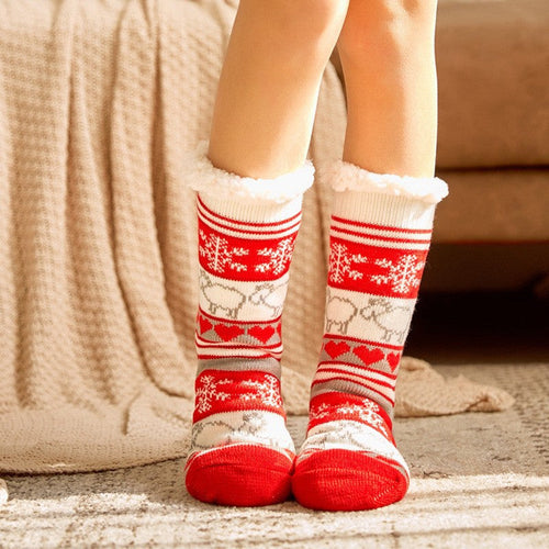 Christmas Socks Plush Coral Fleece Winter Home Floor Socks Red Slipper Socks - Snowflake Sheep