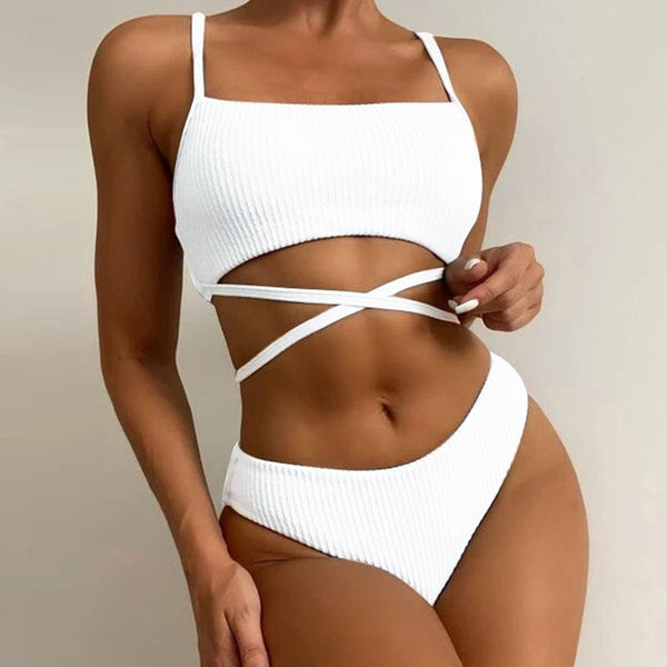 Sexy Swimsuit Wave Pattern High Waist Solid Color Split Swimsuit