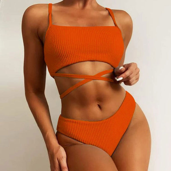 Sexy Swimsuit Wave Pattern High Waist Solid Color Split Swimsuit