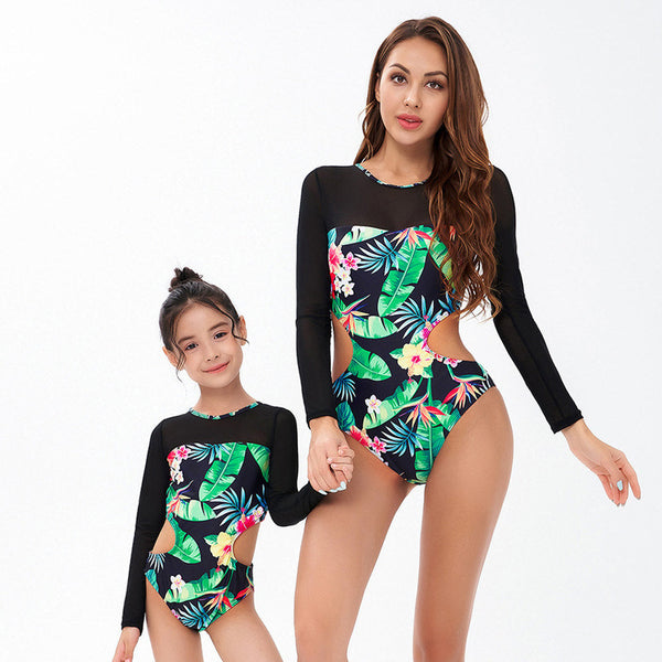 Hawaiian Print Parent-Child Long Sleeve One Piece Swimsuit