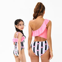 Flamingo Print Parent-Child Swimsuit Slanted Shoulder Ruffled One Piece Bikini
