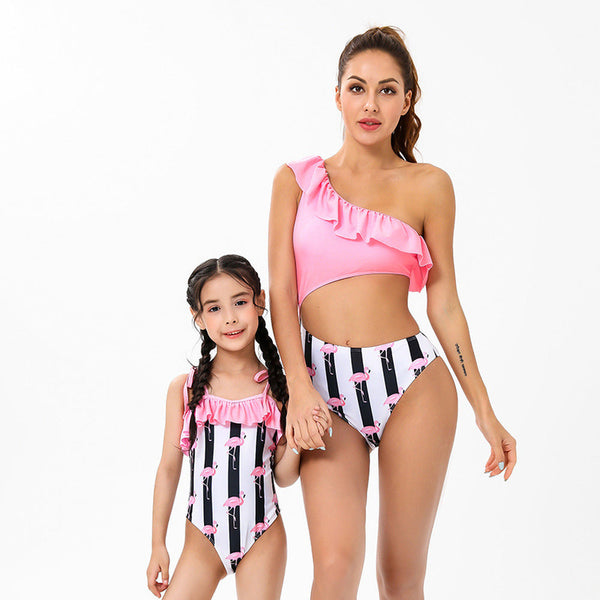 Flamingo Print Parent-Child Swimsuit Slanted Shoulder Ruffled One Piece Bikini