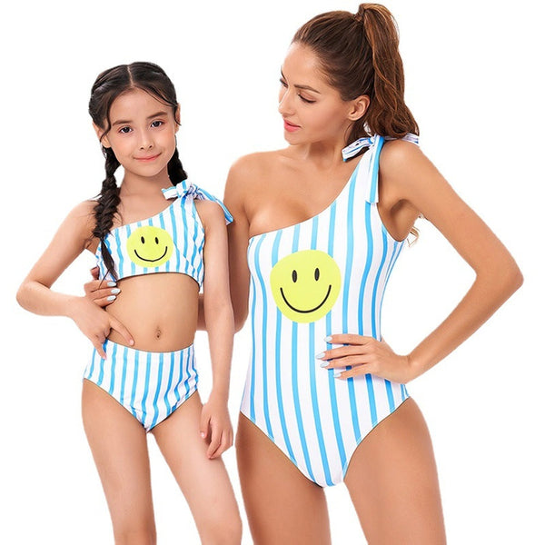 Smiley One Piece Bikini Striped Parent-Child Swimsuit