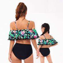 Hawaiian Print Sling Off-Shoulder Fringe Parent-Child Swimsuit