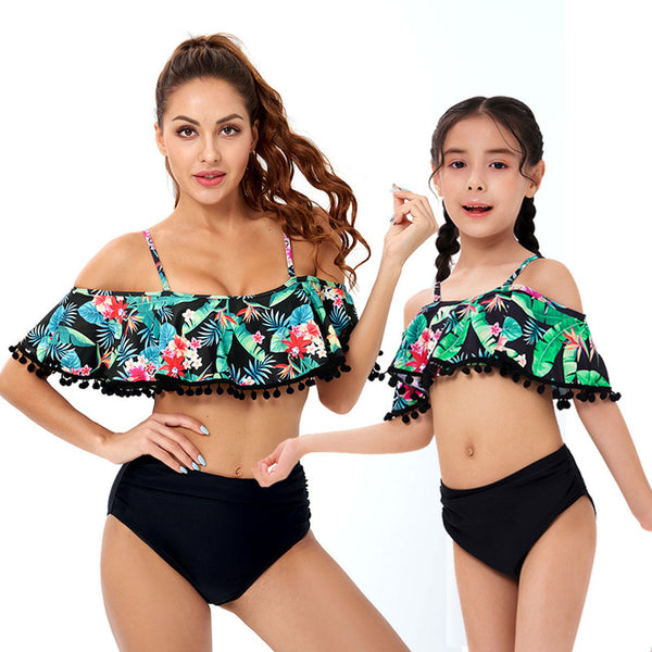 Hawaiian Print Sling Off-Shoulder Fringe Parent-Child Swimsuit