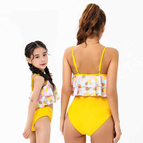 High Waist Bikini Sling Ruffled Fish Scale Print Parent-Child Swimsuit