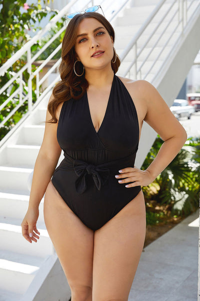 Plus Size Triangle One Piece Swimsuit Black Sexy Lace-Up Backless Swimsuit