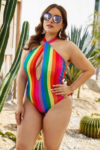 Suspender Backless Big Deep V Sexy Striped Plus Size One-piece Swimsuit