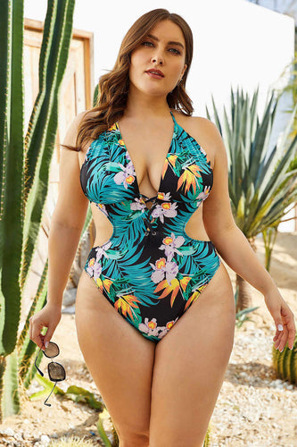 Sexy Deep V Cutout Strap Tropical Print Plus Size One Piece Swimsuit