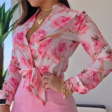Ladies Printed Long Sleeve Shirt Set Hwaiian Style - Pink Rose