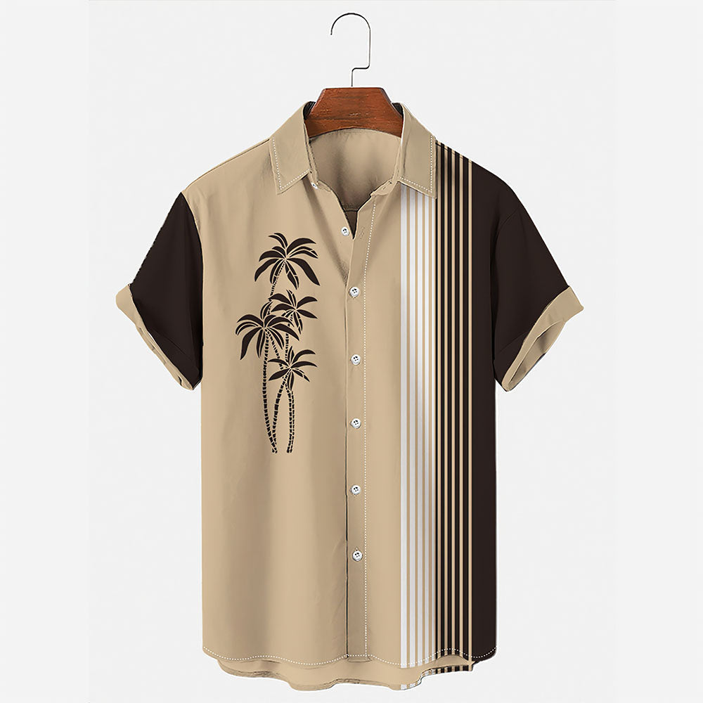 Men's Vintage Hawaiian Shirts Casual Palm Tree Print Striped Khaki Hawaiian Shirts for Men
