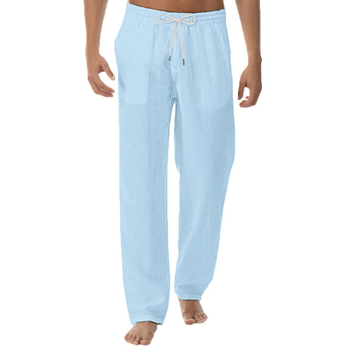 Men's Simple Fashion Solid Color Casual Cotton Breathable Blue Linen Long Trousers