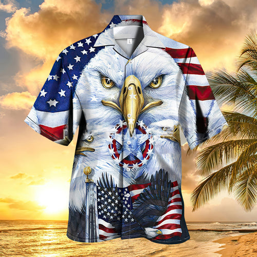 Men's Short Sleeve USA Eagle Patriotic Hawaiian Shirts Independence Day Shirts