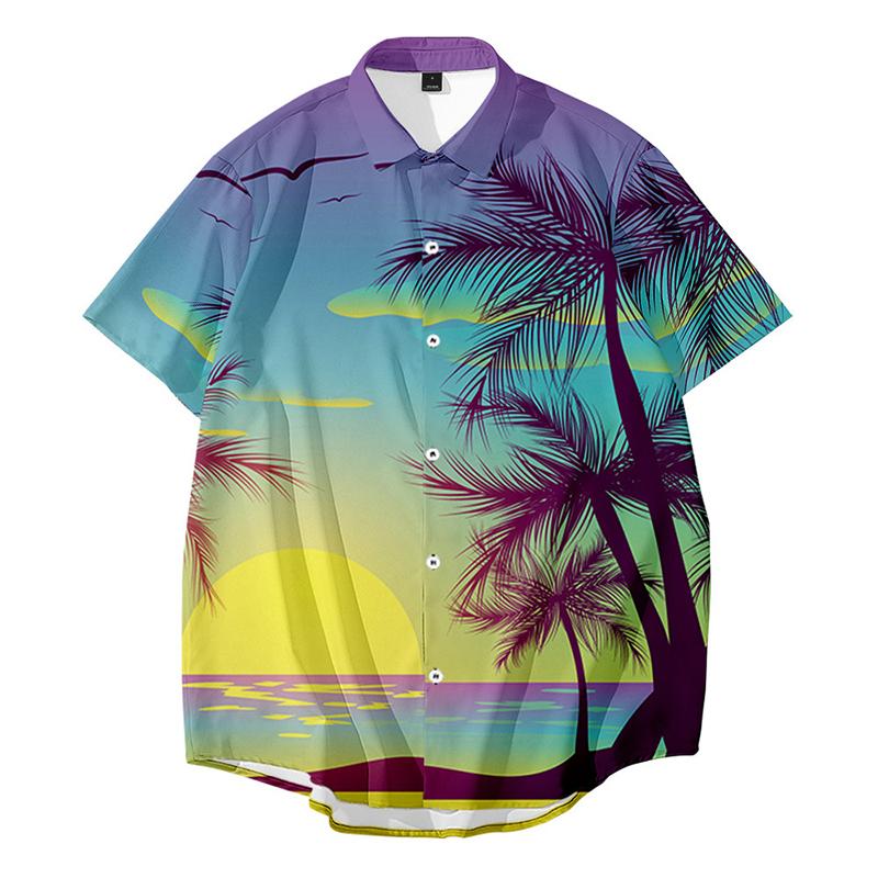 Trendy Hawaiian Shirt Beach Landscape Palm Tree Print Dress