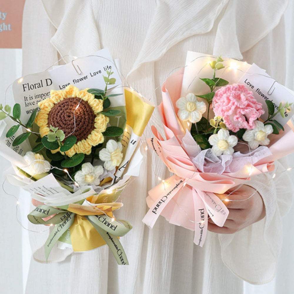 Crochet Flowers Bouquet Handmade Knitted Bouquet with Light Strip Gift for Teacher Mother Lover Graduation Gift