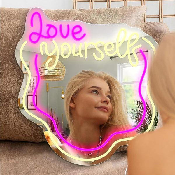 Love Yourself Mirror Light for Wall Wavy Neon Mirror LED Dimmable Light Gift for Her