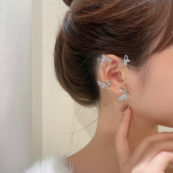 Diamond-Studded Hollow Butterfly Earrings Female Non-Pierced High-End Ear Bone Clip Niche Fairy Earrings
