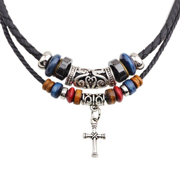 Double Beaded Cross Necklace Leather Cord Braided Men's Necklace Jewelry
