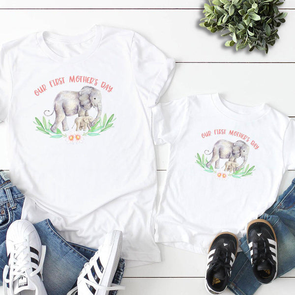 Mother's Day Gift Parent-Child T-Shirt Our first mother's day Cartoon Elephant