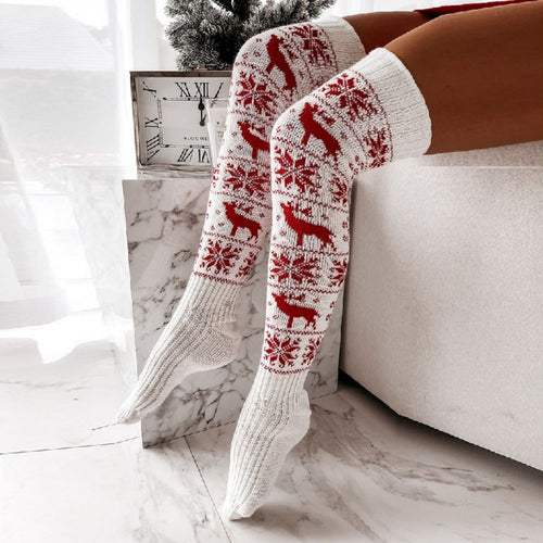 Christmas Snowflakes Elk Long Hose Knitted Above Knee Stack Ladies Socks