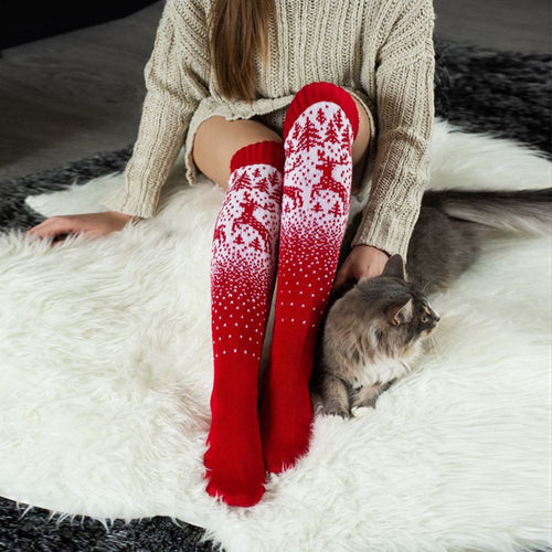 Women Winter Legwarmers Knitted Socks Christmas Elk Red Long Wool Overknee Socks