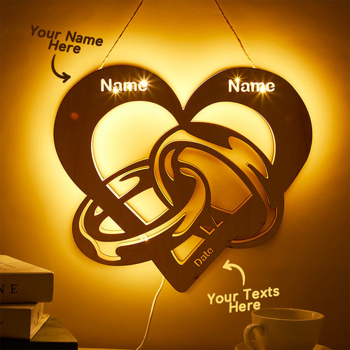 Personalized Night Light with Name and Date Wedding Rings Infinity Wooden Lamp for Couples