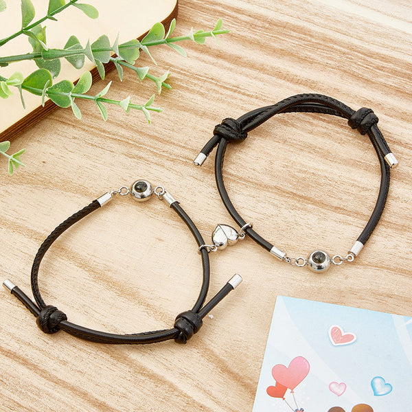 Custom Photo Projection Bracelet Leather Heart Magnetic Bracelet Gift for Couple - SantaSocks