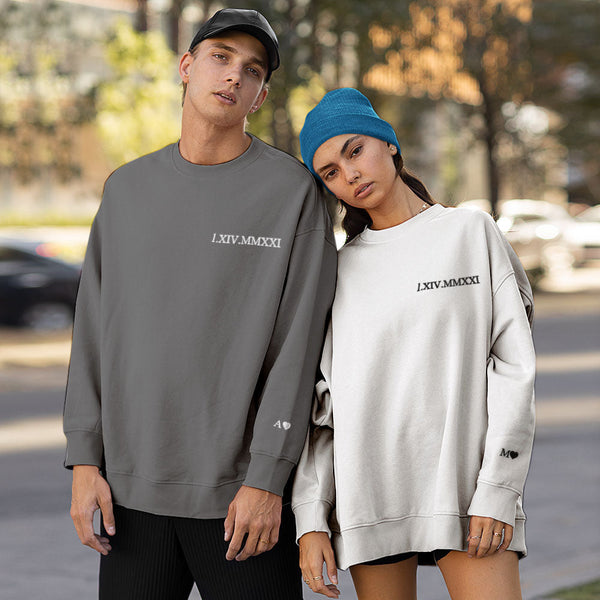 Custom Engraved Hoodie Embroidery Round Neck Roman Numeral Date Couple Gifts